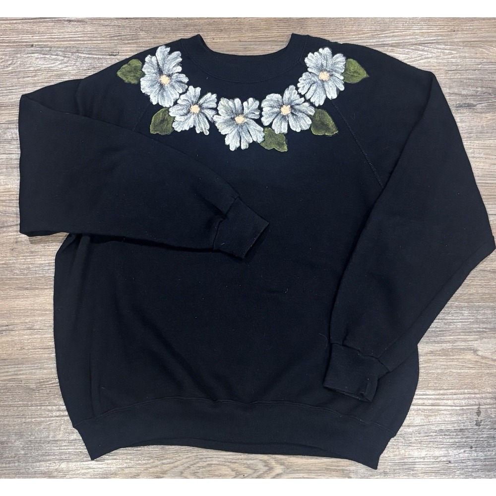 Vintage Sturdy Sweats by Lee Floral Hand Painted Black Sweater Glitter Women XXL